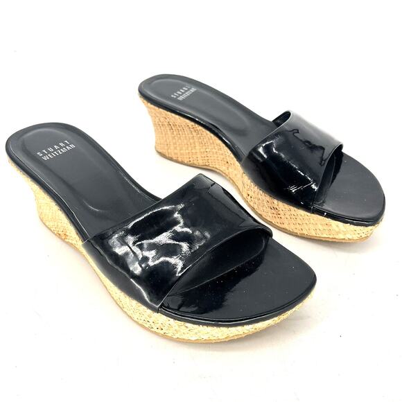 Stuart Weitzman Shoes - Stuart Weitzman Black Patent Wedge Slide Sandals Raffia Platform Women's 6.5